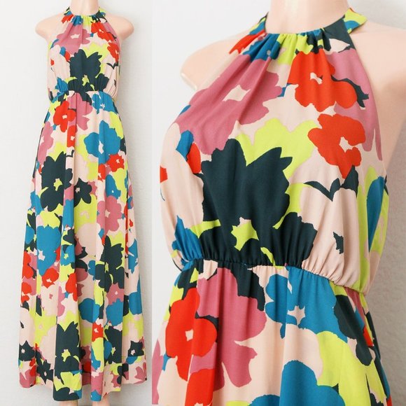 Jessica Simpson Vibrant Bold Colorful Floral Halter Neck Boho Long Maxi Dress 4 - Picture 3 of 16